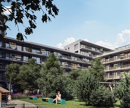 2-Zi-Wohnung mit großen Fensterfronten u. breitem Balkon zum grünen Innenhof