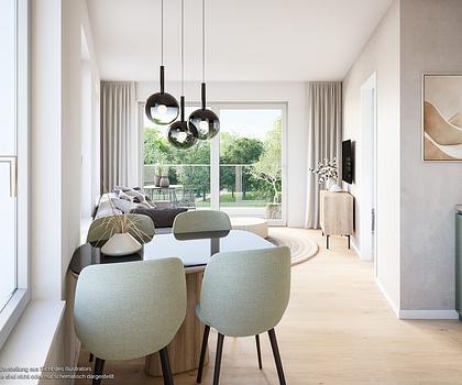 2-Zi-Whg. mit Wohnbereich mit offener Küche, Duschbad und Balkon zum Park