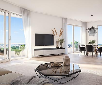 3-Zi.-Eck-Whg. mit großzügigem Wohn-Essbereich, 2 Bädern u. umlaufendem Balkon