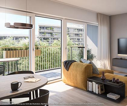 2-Zi-Whg in Süd-West-Ausrichtung mit Duschbad und extragroßem Balkon zum Innenhof