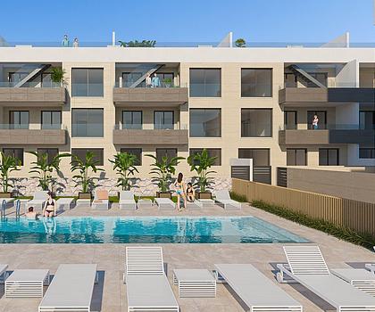 Appartements mit 2 Schlafzimmern, 2 Bädern, Tiefgaragenstellplatz und Gemeinschaftspool nur ca. 700 m vom Strand