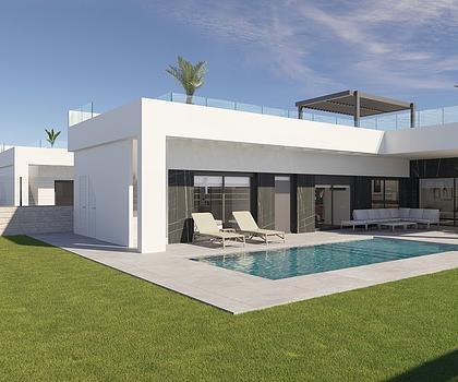 Villen mit 3 Schlafzimmern, 2 Bädern, Dachterrasse, Fußbodenheizung in Bädern und Privatpool in wunderschöner Golfanlage