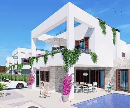 Doppelhaushälften mit 3 Schlafzimmern, 2 Bädern, Keller, Dachterrasse mit Meerblick und optionalem Privatpool nur 400 m vom Strand