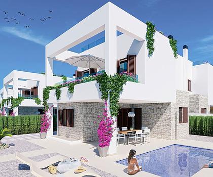 Doppelhaushälften mit 2 Schlafzimmern, 2 Bädern, Keller, Dachterrasse mit Meerblick und optionalem Privatpool nur 400 m vom Strand