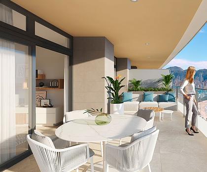 Wohnungen mit 3 Schlafzimmern, 2 Bädern, Klimaanlage, Fußbodenheizung in Bädern, Kfz-Stellplatz und Meerblick nur 100 m vom Strand