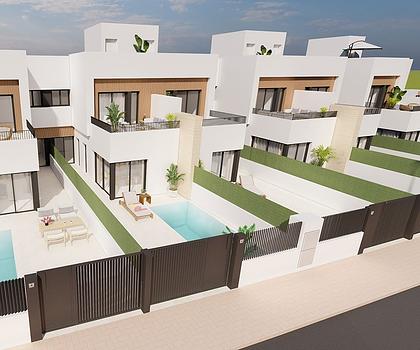 Reihenhaus-Villen mit 3 Schlafzimmern, 2 Bädern, Küchen mit Elektrogeräten, Privatpool und Kfz-Stellplatz