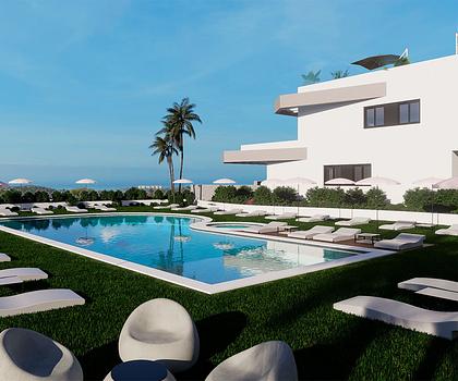 Obergeschoss-Wohnungen mit 2 Schlafzimmern, 2 Bädern, Dachterrasse, Gemeinschaftspool und Meerblick