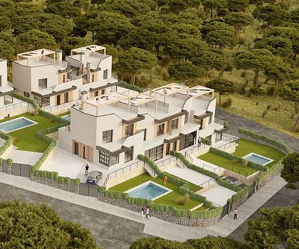 Zweigeschossige Reihenhäuser mit 3 Schlafzimmern, 2 Bädern, Privatpool (nur Eckhäuser) und Kfz-Stellplatz in wunderschöner Umgebung