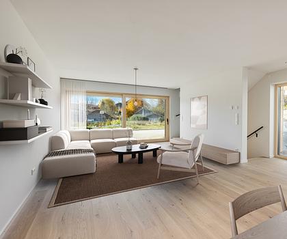 Neubau: Chalet trifft Purismus: Familiengerechtes Eckhaus mit attraktiver Ausstattung zum Erstbezug