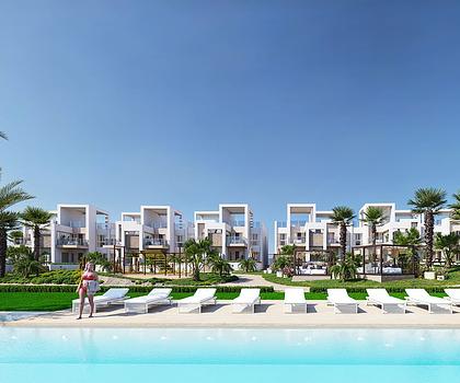 Obergeschoss-Wohnungen mit 3 Schlafzimmern, 2 Bädern, Dachterrasse, Klimaanlage, Einbauküchen mit Elektrogeräten, Kfz-Stellplatz und Gemeinschaftspool