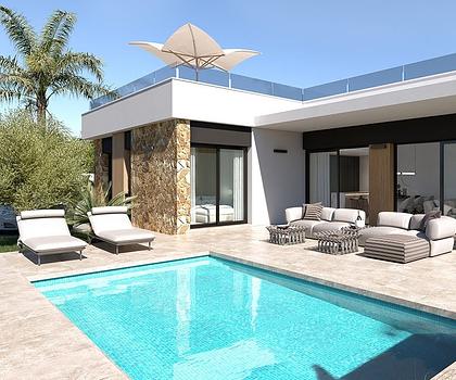 Eingeschossige Villen mit 3 Schlafzimmern, 2 Bädern, Dachterrasse, Einbauküchen mit Elektrogeräten, Klimaanlage, Kfz-Stellplatz und Privatpool