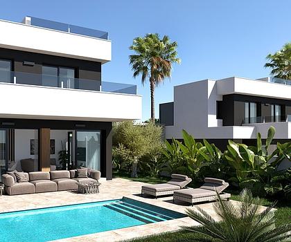 Zweigeschossige Villen mit 3 Schlafzimmern, 3 Bädern, Dachterrasse, Einbauküchen mit Elektrogeräten, Klimaanlage, Kfz-Stellplatz und Privatpool