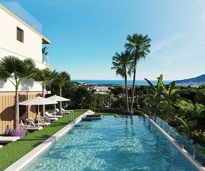 Reihenhäuser mit 4 Schlafzimmern, 3 Bädern, Gäste-WC, Meerblick, Klimaanlage, Kfz-Stellplatz und Gemeinschaftspool