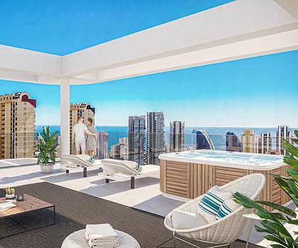 Penthouse-Wohnungen mit 3 Schlafzimmern, 2 Bädern, Gäste-WC, Klimaanlage, Fußbodenheizung, Kfz-Stellplatz und Meerblick nur 1 km vom Strand