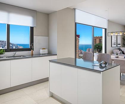 Wohnungen mit 2 Schlafzimmern, 2 Bädern, Klimaanlage, Fußbodenheizung in Bädern, Kfz-Stellplatz und Meerblick