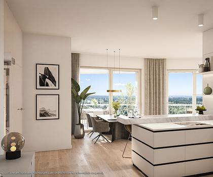 4-Zi.-Eck-Whg.: großzügiger Wohn-Essbereich mit Parkblick, 2 Bäder u. umlaufender Balkon