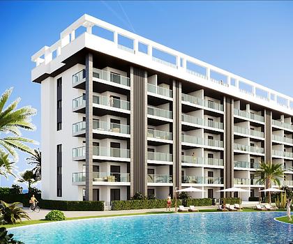 Appartements mit 2 Schlafzimmern, 2 Bädern, Vorinstallation Klimaanlage, Kfz-Stellplatz und Gemeinschaftspool nur 700 m vom Strand