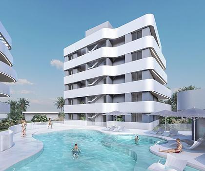 Appartements mit 2 Schlafzimmern, 2 Bädern, Klimaanlage und Einbauküchen mit Elektrogeräten in abgeschlossener Anlage mit Gemeinschaftspool und SPA