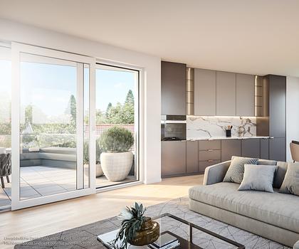 3-Zi.-Whg. mit Dachterrasse in Südausrichtung, 2 Bädern, davon 1x en suite und sep. Abstellraum