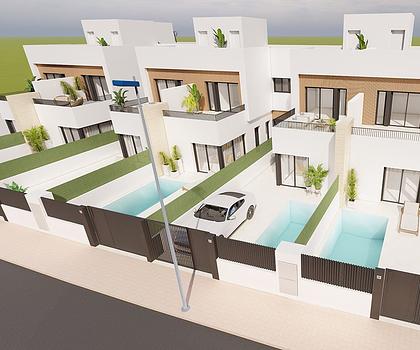 Reihenhaus-Villen mit 3 Schlafzimmern, 3 Bädern, Dachterrasse, Küchen mit Elektrogeräten, Privatpool und Kfz-Stellplatz nur 1,3 km vom Strand