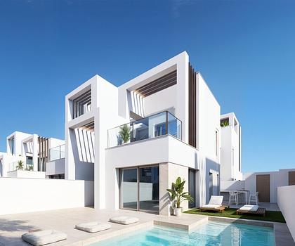 Quattrovillen mit 3 Schlafzimmern, Klimaanlage, Kfz-Stellplatz und Privatpool in einer wunderschönen Golfanlage und nur 500 m vom Strand