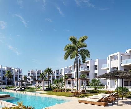 Penthouse-Wohnungen mit 3 Schlafzimmern, Tiefgaragenstellplatz und Gemeinschaftspool in einer wunderschönen Golfanlage und nur 500 m vom Strand