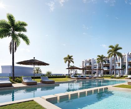 Wohnungen mit 3 Schlafzimmern, Tiefgaragenstellplatz und Gemeinschaftspool in einer wunderschönen Golfanlage und nur 500 m vom Strand